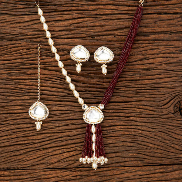 Polki Kundan Necklace with Earrings- Maroon