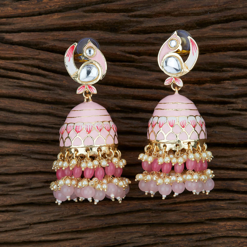 Dark Pink Meenakari Jhumka with Golden Bali Earrings | FashionCrab.com